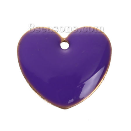 Bild von Messing Emaillierte Pailletten Charms Herz Ohne Plattierung Lila Emaille 16mm x 16mm, 10 Stück