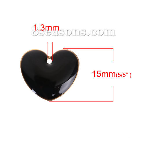 Picture of Brass Enamelled Sequins Charms Heart Unplated Black Enamel 16mm x16mm( 5/8" x 5/8"), 10 PCs                                                                                                                                                                   