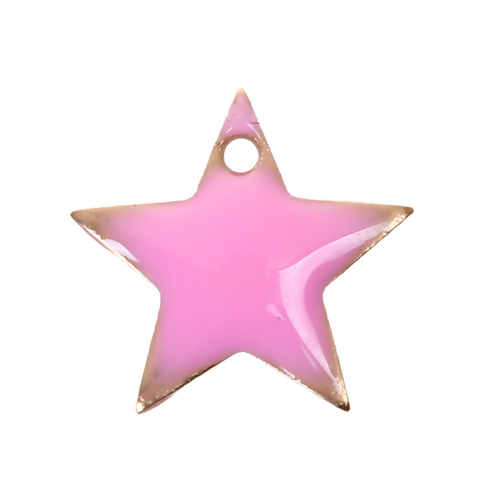 Picture of Brass Enamelled Sequins Charms Pentagram Star Unplated Pink Enamel 12mm( 4/8") x 11mm( 3/8"), 10 PCs