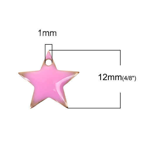 Picture of Brass Enamelled Sequins Charms Pentagram Star Unplated Pink Enamel 12mm( 4/8") x 11mm( 3/8"), 10 PCs