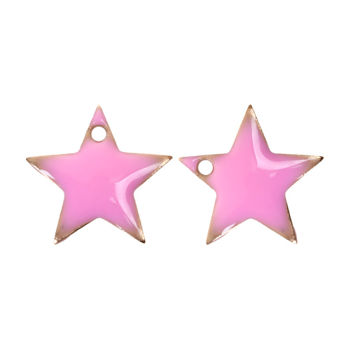 Picture of Brass Enamelled Sequins Charms Pentagram Star Unplated Pink Enamel 12mm( 4/8") x 11mm( 3/8"), 10 PCs