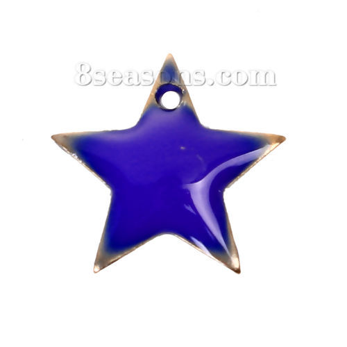 Picture of Brass Enamelled Sequins Charms Pentagram Star Unplated Royal Blue Enamel 12mm( 4/8") x 11mm( 3/8"), 10 PCs