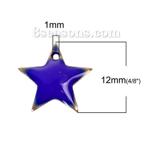 Picture of Brass Enamelled Sequins Charms Pentagram Star Unplated Royal Blue Enamel 12mm( 4/8") x 11mm( 3/8"), 10 PCs