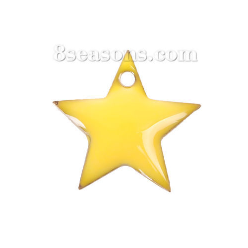 Picture of Brass Enamelled Sequins Charms Pentagram Star Unplated Yellow Enamel 12mm( 4/8") x 11mm( 3/8"), 10 PCs