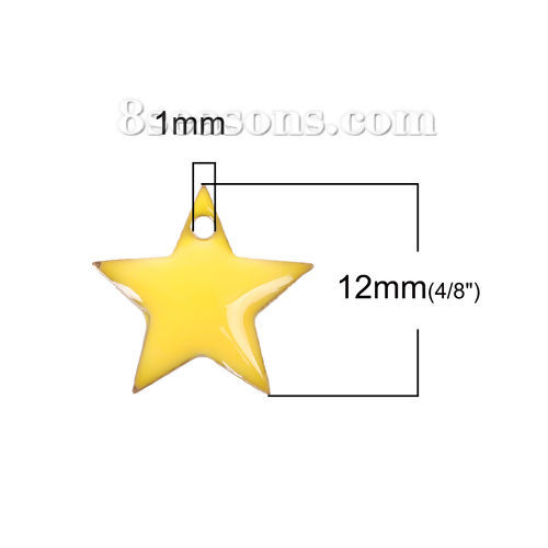 Picture of Brass Enamelled Sequins Charms Pentagram Star Unplated Yellow Enamel 12mm( 4/8") x 11mm( 3/8"), 10 PCs