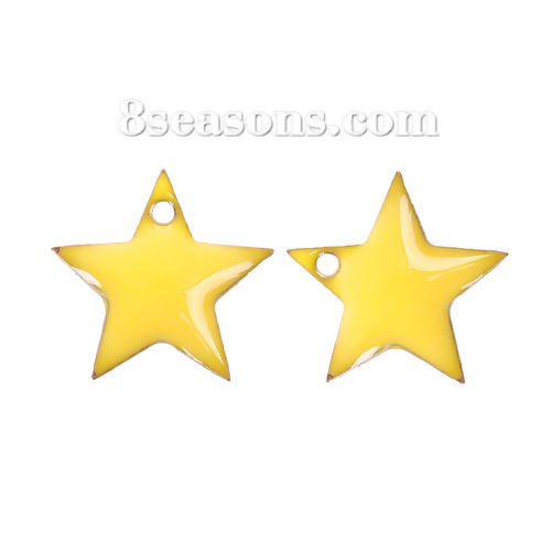 Picture of Brass Enamelled Sequins Charms Pentagram Star Unplated Yellow Enamel 12mm( 4/8") x 11mm( 3/8"), 10 PCs