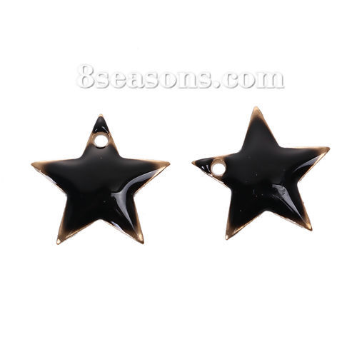 Picture of Brass Enamelled Sequins Charms Pentagram Star Unplated Black Enamel 12mm( 4/8") x 11mm( 3/8"), 10 PCs