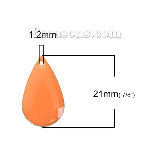 Image de Breloque Sequins Emaillés Double Face en Laiton Goutte d'Eau Email Sans Plaqué Orange 21mm x 13mm, 10 Pcs