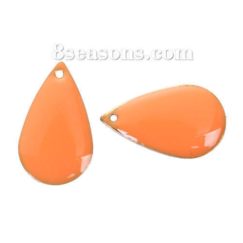 Image de Breloque Sequins Emaillés Double Face en Laiton Goutte d'Eau Email Sans Plaqué Orange 21mm x 13mm, 10 Pcs