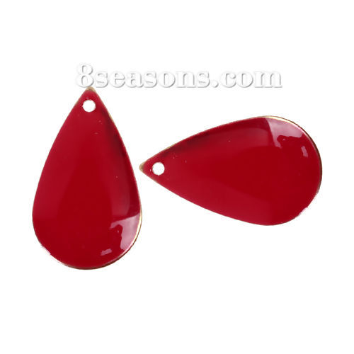 Image de Breloque Sequins Emaillés Double Face en Laiton Goutte d'Eau Email Sans Plaqué Rouge 21mm x 13mm, 10 Pcs