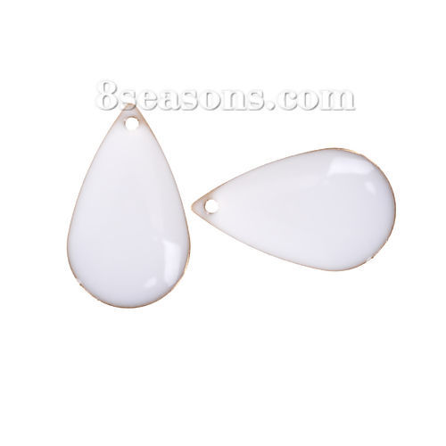 Image de Breloque Sequins Emaillés Double Face en Laiton Goutte d'Eau Email Sans Plaqué Blanc 21mm x 13mm, 10 Pcs