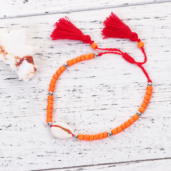 Picture of Natural Shell Dainty Bracelets Delicate Bracelets Beaded Bracelet Red Orange Tassel Adjustable 19cm(7 4/8") long, 1 Piece