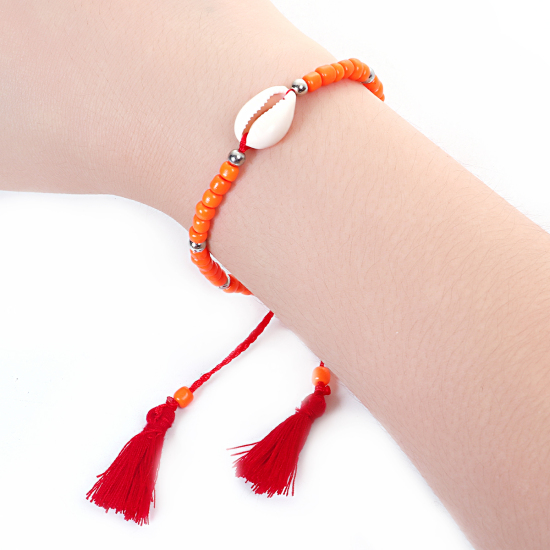 Picture of Natural Shell Dainty Bracelets Delicate Bracelets Beaded Bracelet Red Orange Tassel Adjustable 19cm(7 4/8") long, 1 Piece