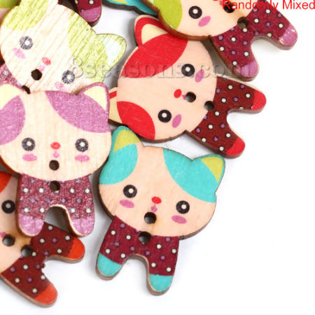 Natural Wood Sewing Buttons Scrapbooking 2 Holes Cat Animal At Random Mixed 30mm(1 1/8") x 23mm( 7/8"), 50 PCs