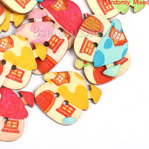 Imagen de Madera Botón de Costura Scrapbooking Dos Agujeros Casa Al Azar Hongo 25mm x 23mm, 50 Unidades