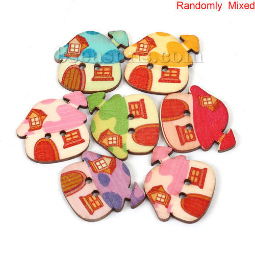 Imagen de Madera Botón de Costura Scrapbooking Dos Agujeros Casa Al Azar Hongo 25mm x 23mm, 50 Unidades