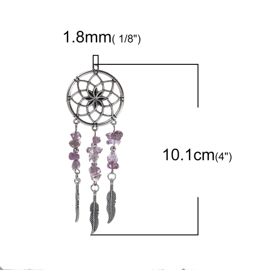 亜鉛合金 ペンダント ドリームキャッチャー 銀古美 紫 羽 10.1cmx 3.5cm、 1 個 の画像
