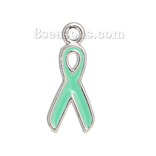 Picture of Zinc Based Alloy Charms Ribbon Silver Tone Green Enamel 20mm( 6/8") x 9mm( 3/8"), 10 PCs