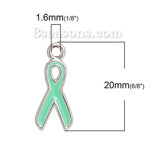 Picture of Zinc Based Alloy Charms Ribbon Silver Tone Green Enamel 20mm( 6/8") x 9mm( 3/8"), 10 PCs