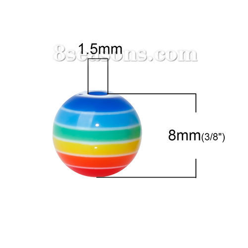 Picture of Resin Beads Round Multicolor Stripe Pattern About 8mm Dia, Hole: Approx 1.5mm, 100 PCs