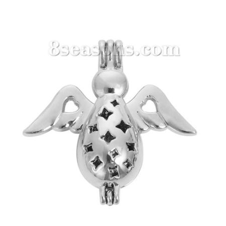 Picture of Brass 3D Wish Pearl Locket Jewelry Pendants Angel Silver Tone Star Can Open (Fit Bead Size: 8mm) 34mm(1 3/8") x 33mm(1 2/8"), 2 PCs