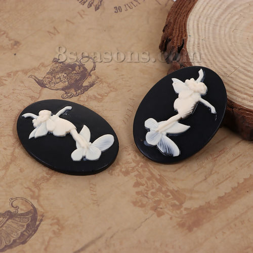 Image de Cabochons d'Embellissement en Résine Relief Ovale Noir & Blanc Fille Papillons 40mm x 30mm, 5 Pcs