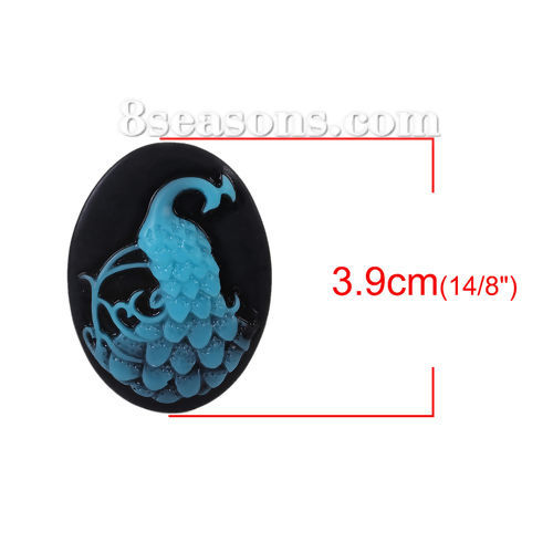 Picture of Resin Cameo Embellishments Oval Lake Blue Peacock Pattern 39mm(1 4/8") x 29mm(1 1/8"), 5 PCs