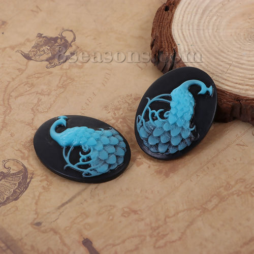 Picture of Resin Cameo Embellishments Oval Lake Blue Peacock Pattern 39mm(1 4/8") x 29mm(1 1/8"), 5 PCs