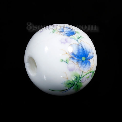 Image de Perles en Céramique Rond Bleu Ciel Fleurs 20mm Dia, Taille de Trou: 4.5mm, 5 Pcs