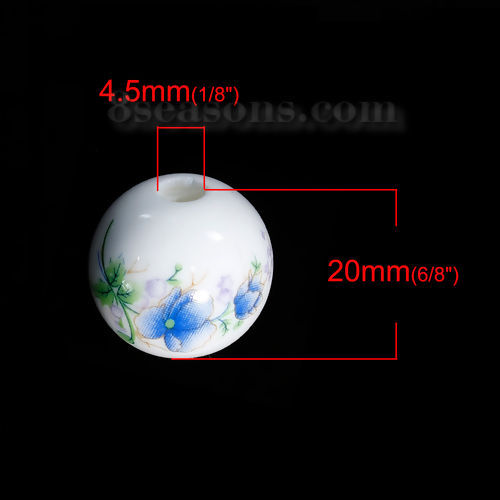 セラミックスビーズ 円形 空色 花柄 約 20mm直径、 穴：約 4.5mm、 5 個 の画像