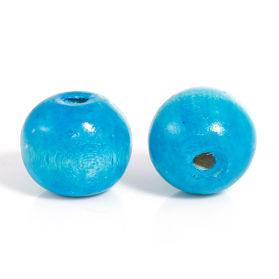 Picture of Natural Hinoki Wood Spacer Beads Round Peacock Blue Painting About 20mm Dia, Hole: Approx 3.4mm, 30 PCs