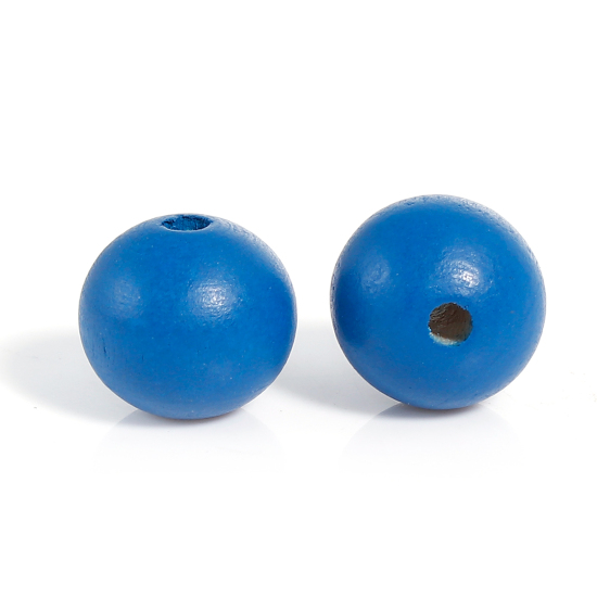 Picture of Natural Hinoki Wood Spacer Beads Round Deep Blue Painting About 20mm Dia, Hole: Approx 4.2mm, 30 PCs
