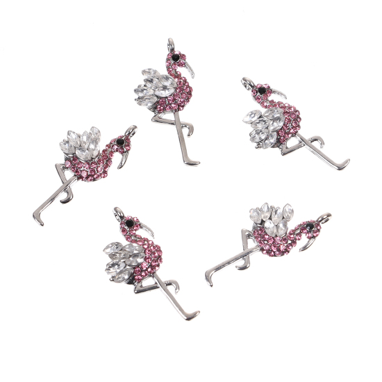 Picture of Zinc Based Alloy Charms Flamingo Silver Tone Pink & Clear Rhinestone 27mm(1 1/8") x 12mm( 4/8"), 2 PCs