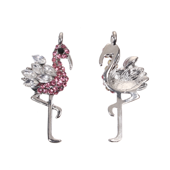 Picture of Zinc Based Alloy Charms Flamingo Silver Tone Pink & Clear Rhinestone 27mm(1 1/8") x 12mm( 4/8"), 2 PCs