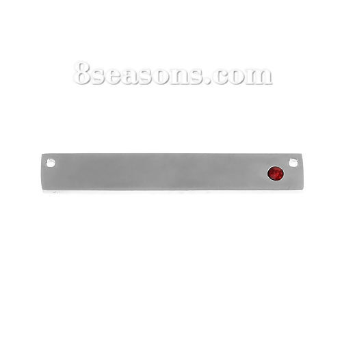 Picture of 304 Stainless Steel Jan Birthstone Connectors Rectangle Silver Tone Dark Red Rhinestone 38mm(1 4/8") x 6mm( 2/8"), 1 Piece