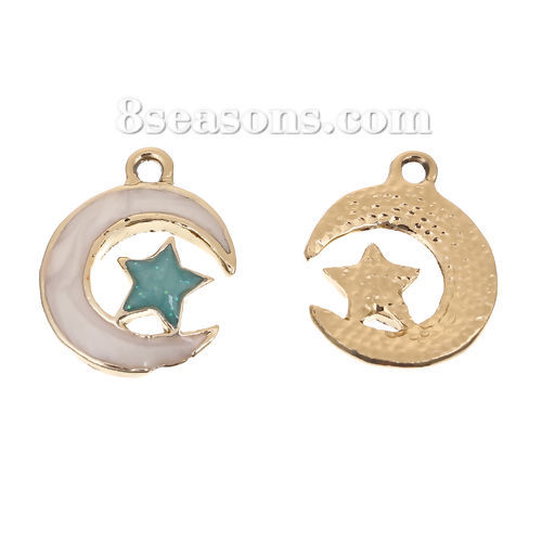 Picture of Zinc Based Alloy Galaxy Charms Half Moon Gold Plated Green Blue Star Enamel 21mm( 7/8") x 16mm( 5/8"), 10 PCs