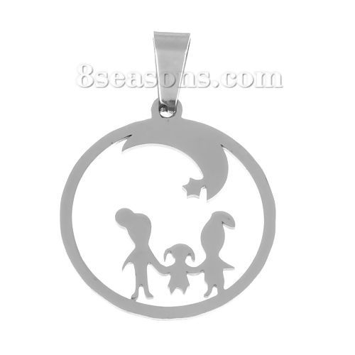 Picture of Stainless Steel Cut Out Pendants Parents And Child Silver Tone Star 32mm(1 2/8") x 22mm( 7/8"), 5 PCs