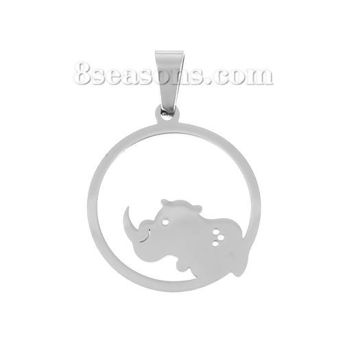 Picture of Stainless Steel Cut Out Pendants Rhinoceros Silver Tone Round 32mm(1 2/8") x 22mm( 7/8"), 5 PCs