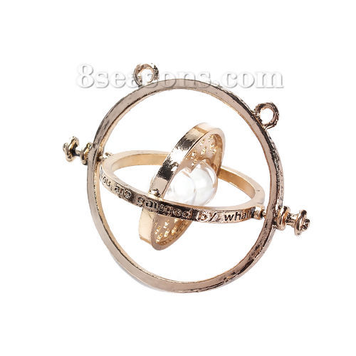 Picture of 1 Piece Zinc Based Alloy & Glass Connectors Charms Pendants Gold Plated White Hourglass Round Rotatable 58mm x 47mm