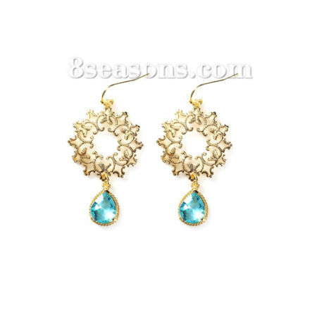 Picture of Brass Earrings Gold Plated Green Blue Drop Filigree Faceted 58mm(2 2/8") x 27mm(1 1/8"), Post/ Wire Size: (20 gauge), 1 Pair