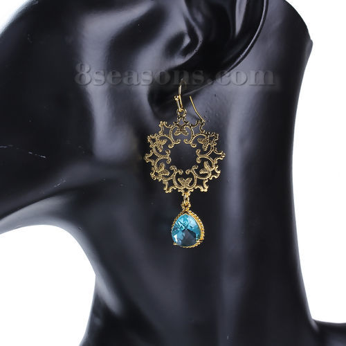 Image de Boucles d'Oreilles en Laiton Doré Bleu-Vert Goutte d'Eau Fleurs Creuses A Facettes 58mm x 27mm, Epaisseur de Fil: (20 gauge), 1 Paire