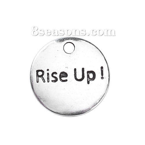 Picture of Zinc Based Alloy Sport Fitness Charms Round Antique Silver Color Message " Rise Up! " 15mm Dia, 30 PCs