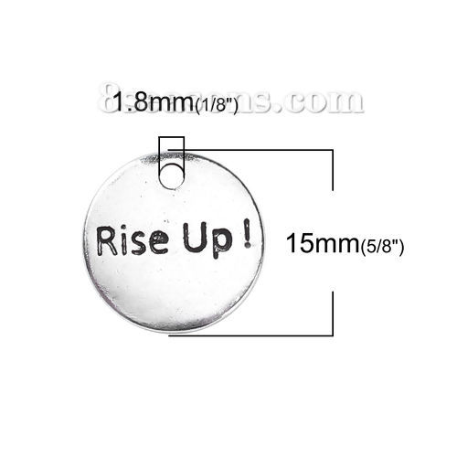 Imagen de Zamak Fitness Colgantes Charms Ronda Plata Antigua Mensaje " Rise Up! " 15mm Dia, 30 Unidades