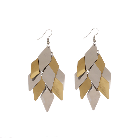 Imagen de 304 Acero Inoxidable Paillette Sequin Pendientes Chapado en Oro Tono de Plata Diamond 91mm x 28mm, Post/ Wire Size: (21 gauge), 1 Par