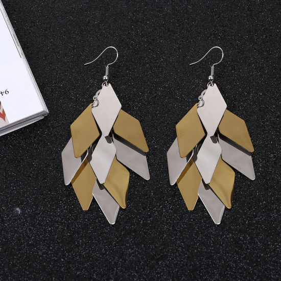 Imagen de 304 Acero Inoxidable Paillette Sequin Pendientes Chapado en Oro Tono de Plata Diamond 91mm x 28mm, Post/ Wire Size: (21 gauge), 1 Par