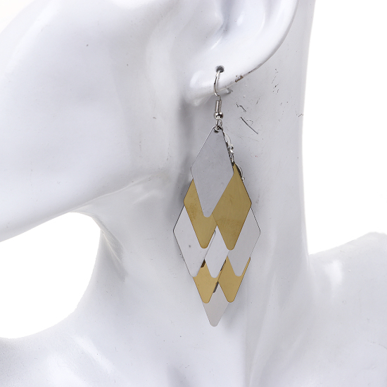 Imagen de 304 Acero Inoxidable Paillette Sequin Pendientes Chapado en Oro Tono de Plata Diamond 91mm x 28mm, Post/ Wire Size: (21 gauge), 1 Par