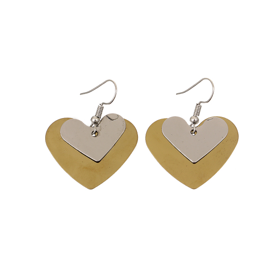 Imagen de 304 Acero Inoxidable Paillette Sequin Pendientes Chapado en Oro Tono de Plata Corazón 44mm x 35mm, Post/ Wire Size: (21 gauge), 1 Par