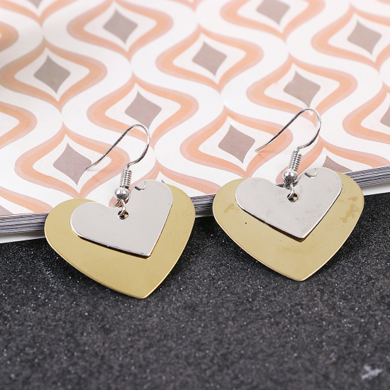 Imagen de 304 Acero Inoxidable Paillette Sequin Pendientes Chapado en Oro Tono de Plata Corazón 44mm x 35mm, Post/ Wire Size: (21 gauge), 1 Par