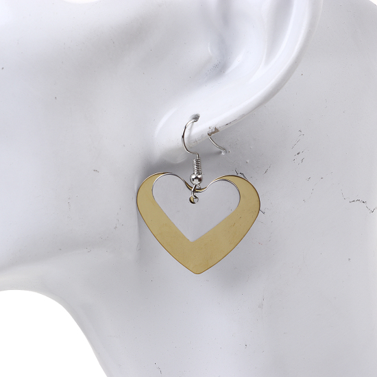 Imagen de 304 Acero Inoxidable Paillette Sequin Pendientes Chapado en Oro Tono de Plata Corazón 44mm x 35mm, Post/ Wire Size: (21 gauge), 1 Par