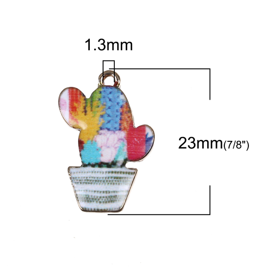 Bild von Zinklegierung Charms Kaktus Vergoldet Bunt Emaille 23mm x 16mm, 10 Stück